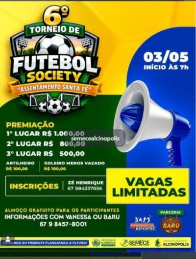Imagem da notícia Alcinópolis realiza 6º Torneio de Futebol Society no Assentamento Santa Fé com premiação em dinheiro